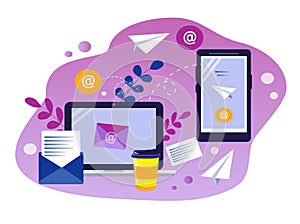 vector illustration on the theme of emails. laptop screen, smartphone and letters, envelopes photo